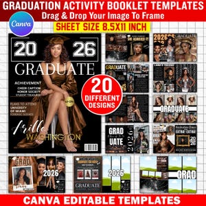 May include: A graduation activity booklet template with a magazine-style cover featuring a graduate in a brown gown. The design includes the text "2026 Graduate" and "20 Different Designs". The sheet size is 8.5x11 inches. Canva editable templates.