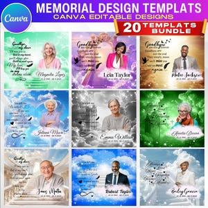 May include: A bundle of 20 Canva editable memorial design templates. Each template features a portrait of a person, with memorial text and dates. The templates have various backgrounds, including clouds and stairs.