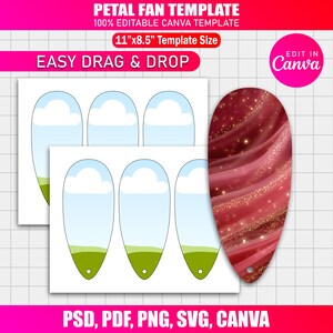 Op de afbeelding: Petal fan template met een rood en goud ontwerp, en een set fan templates met blauwe luchten en groen gras. De template grootte is 27,94 cm x 21,59 cm. De tekst op de afbeelding zegt "Easy Drag & Drop" en "Edit in Canva".