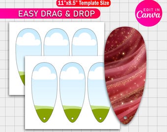 May include: Petal fan template with a red and gold design, and a set of fan templates with blue skies and green grass. The template size is 11"x8.5". The text on the image says "Easy Drag & Drop" and "Edit in Canva".