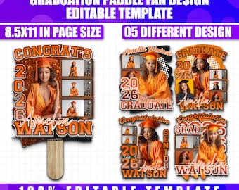5x Orange Grad Fan Canva Editable Template, Custom Graduation Paddle Fan, Class of 2026 Graduation Paddle, Graduate Senior 2026 Fan Paddle