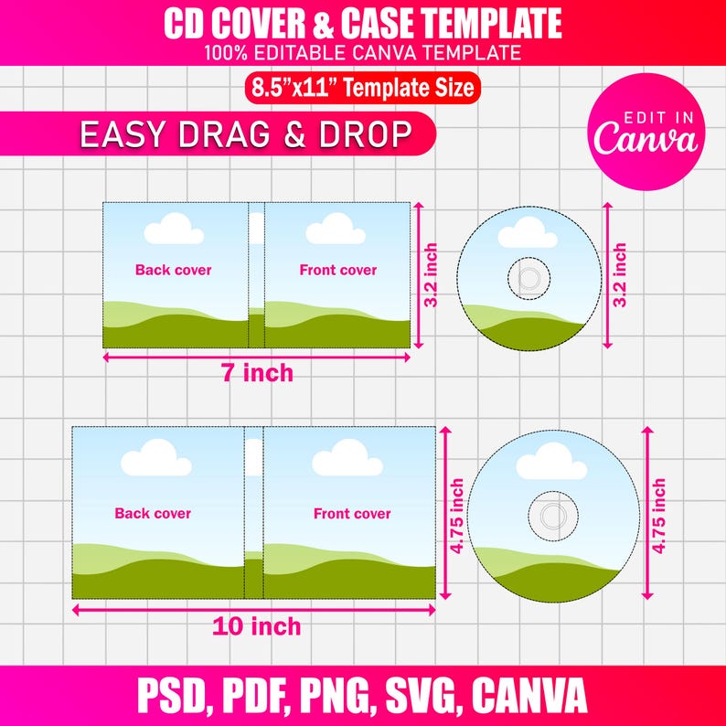 May include: A CD cover and case template with the text "CD COVER & CASE TEMPLATE" and "100% EDITABLE CANVA TEMPLATE". The template includes front and back cover designs, a CD design, and dimensions of 7 inches and 10 inches wide.