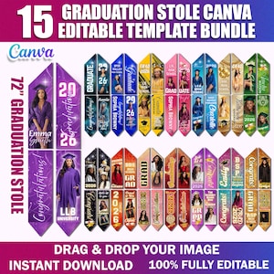 May include: A bundle of 15 graduation stoles with editable templates. The stoles are in various colors and designs, featuring photos, names, and the year 2026. The text includes "Congratulations!" and "Graduate". The stoles are 72 inches long.
