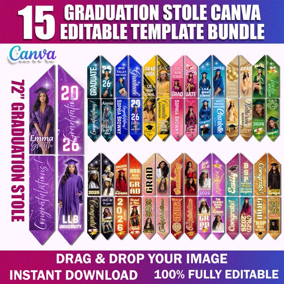 15x Graduation Stole Canva Editable Template Bundle | Graduation Sash Sublimation 2025 | Personalized Graduate Design & Stole Layouts