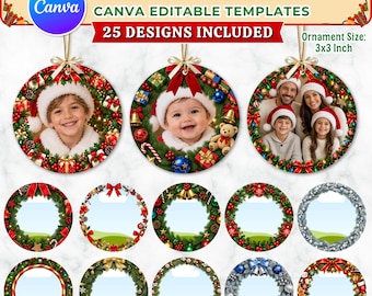 25x Christmas Photo Ornament Canva Template | Custom Photo Ornament Sublimation | Editable Holiday Picture Ornament PNG Bundle