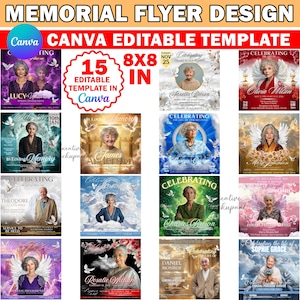 May include: A set of 15 editable memorial flyer templates available in Canva. The designs include images of people, angel wings, and text such as "Celebrating" and names like "Lucy Williams" and "Janetta Brown". The flyers are 20.32cm x 20.32cm.