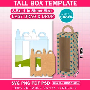 Peut inclure: Un modèle de boîte haute à pois, mesurant 17,78 cm de hauteur et 6,99 cm de largeur. L'image comprend une découpe de papier et un design numérique avec le texte "TALL BOX TEMPLATE" et "EDIT IN Canva".