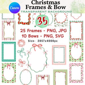 Puede incluir: Un gráfico digital con marcos y lazos navideños con fondo transparente. La imagen incluye 25 marcos y 10 lazos en formatos PNG, JPG y SVG. Los marcos y lazos son de varios colores y diseños, con el texto "Christmas Frames & Bow" en la parte superior.