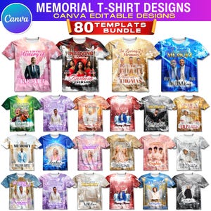 May include: A collection of memorial t-shirt designs. The shirts feature various designs with the words "In Loving Memory" and names. The shirts are in different colors and styles, with images of people and angel wings.
