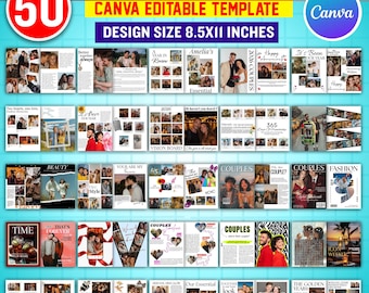 Plantilla de revista personalizada para parejas / Regalo de revista editable en Canva / Recuerdo personalizado de aniversario y boda / Revista romántica con historias de amor