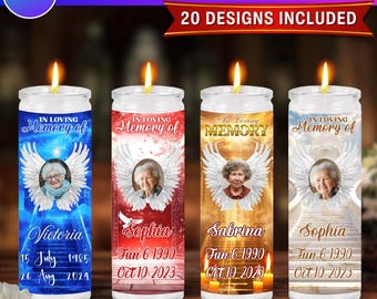 20x Memorial Candle Label Canva Template | In Loving Memory Sticker Design | Stairway to Heaven RIP Pillar Candle Wrap Printable