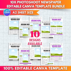 Op de afbeelding: Een bundel van tien bewerkbare kranten sjablonen voor fotoshoots, ontworpen voor Canva. De sjablonen zijn A2 formaat en voorzien van de kop "Breaking News". De ontwerpen bevatten verschillende lay-outs en stijlen.
