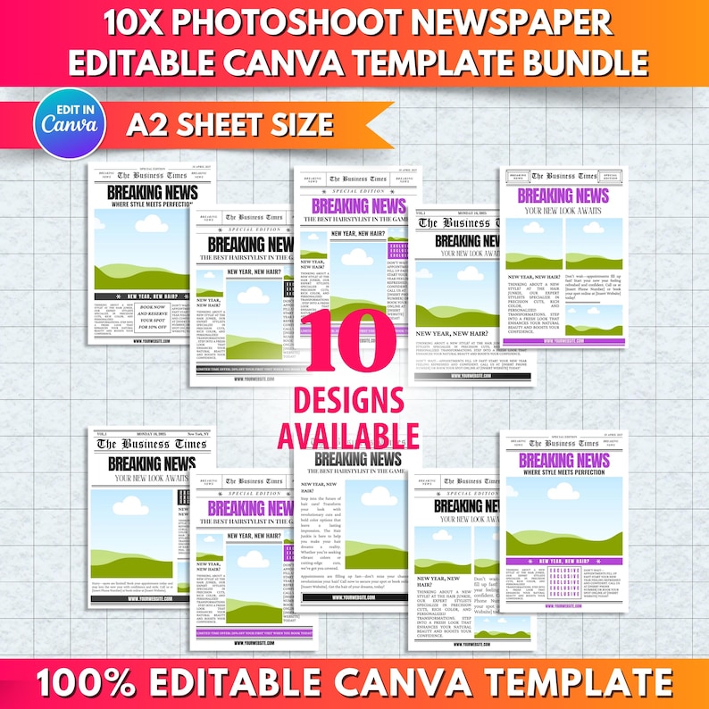 Op de afbeelding: Een bundel van tien bewerkbare kranten sjablonen voor fotoshoots, ontworpen voor Canva. De sjablonen zijn A2 formaat en voorzien van de kop "Breaking News". De ontwerpen bevatten verschillende lay-outs en stijlen.