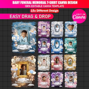 May include: A collection of baby funeral memorial t-shirt Canva designs. Each design features a framed baby photo with decorative elements like clouds, balloons, and doves. Text includes "In Loving Memory" and "Name Here".