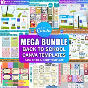 Puede incluir: Un paquete digital de plantillas de Canva para el regreso a clases. La imagen muestra portadas de cuadernos, portadas de carpetas, etiquetas y maquetas. El texto dice "MEGA BUNDLE BACK TO SCHOOL CANVA TEMPLATES". Fácil de editar.