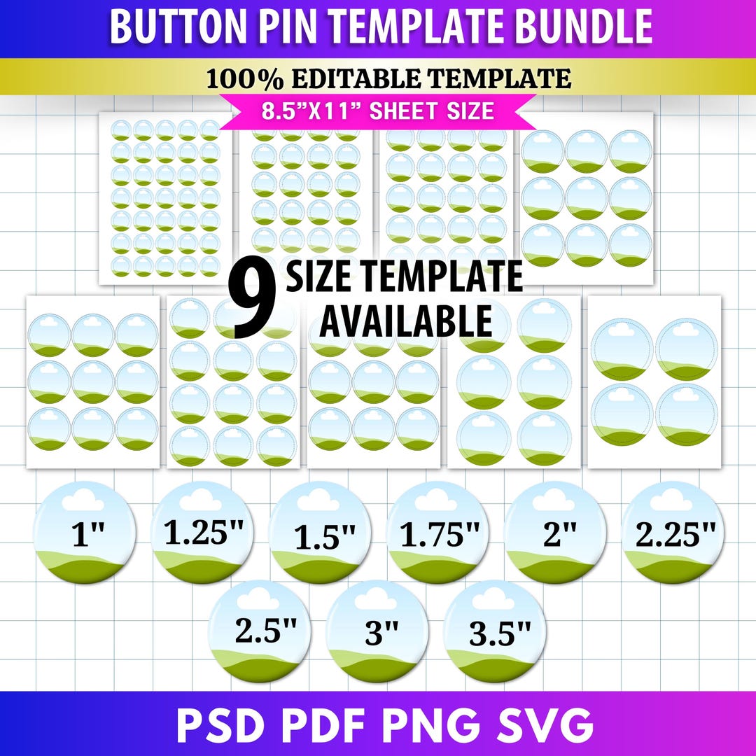 9x Button Pin Template Bundle | Editable Canva Frames | Blank Pinback Button Templates | C