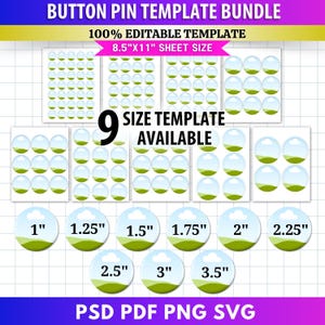 9x Button Pin Template Bundle | Editable Canva Frames | Blank Pinback Button Templates | Custom Badge Circle Sublimation 1" 2" 2.25" 3" Etc