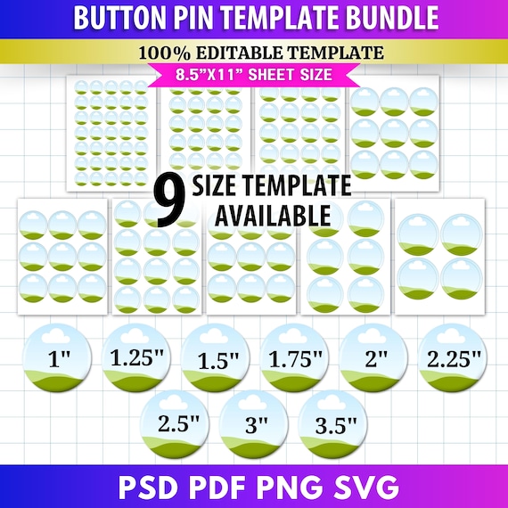 9x Button Pin Template Bundle | Editable Canva Frames | Blank Pinback Button Templates | Custom Badge Circle Sublimation 1" 2" 2.25" 3" Etc