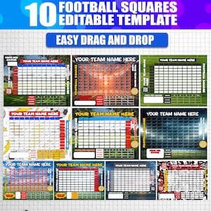 Può includere: Un modello digitale per i quadrati di calcio, con dieci design modificabili. Ogni design include una griglia per il monitoraggio dei punteggi, con spazio per i nomi delle squadre e i dettagli dei pagamenti. Il modello è etichettato "Easy Drag and Drop."