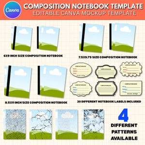 Editable Composition Notebook Cover Canva Template | Back to School Printable Notebook Design | Customizable School Supply Cover, FREE Label