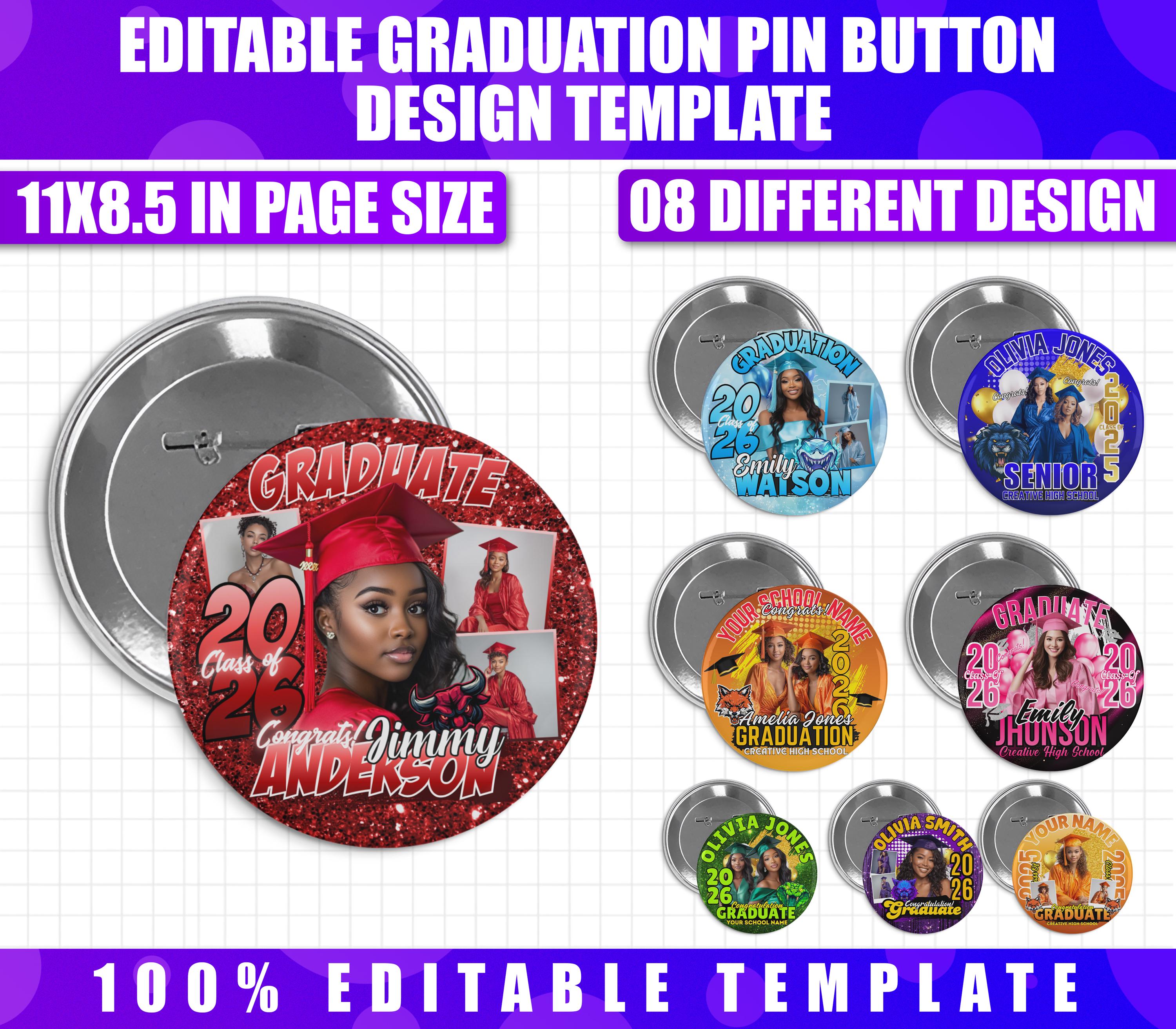 8x Graduation Pin Button Canva Editable Template, Senior 2026 Pin ...
