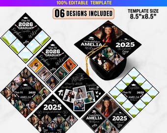 6x Custom Photo Graduation Topper Template | Memory Film Photo Strip Cap Design | Class of 2026 Grad Decor, Canva Editable Senior Cap Topper