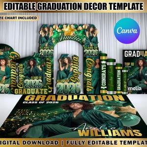 Puede incluir: Una plantilla de decoración de graduación en verde y dorado. El diseño incluye un arco de fotomatón, letreros y un gráfico de suelo, todos con el nombre del graduado y el año 2026. También son visibles las palabras "Enhorabuena" y "Graduado".