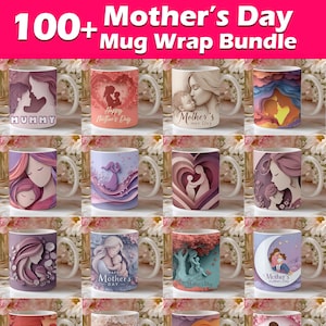 Può includere: Una collezione di tazze in ceramica con vari disegni per la festa della mamma. Le tazze presentano illustrazioni di madri e bambini, cuori e motivi floreali. Il testo sulle tazze include "Mummy" e "Happy Mother's Day". L'immagine è su uno sfondo floreale.