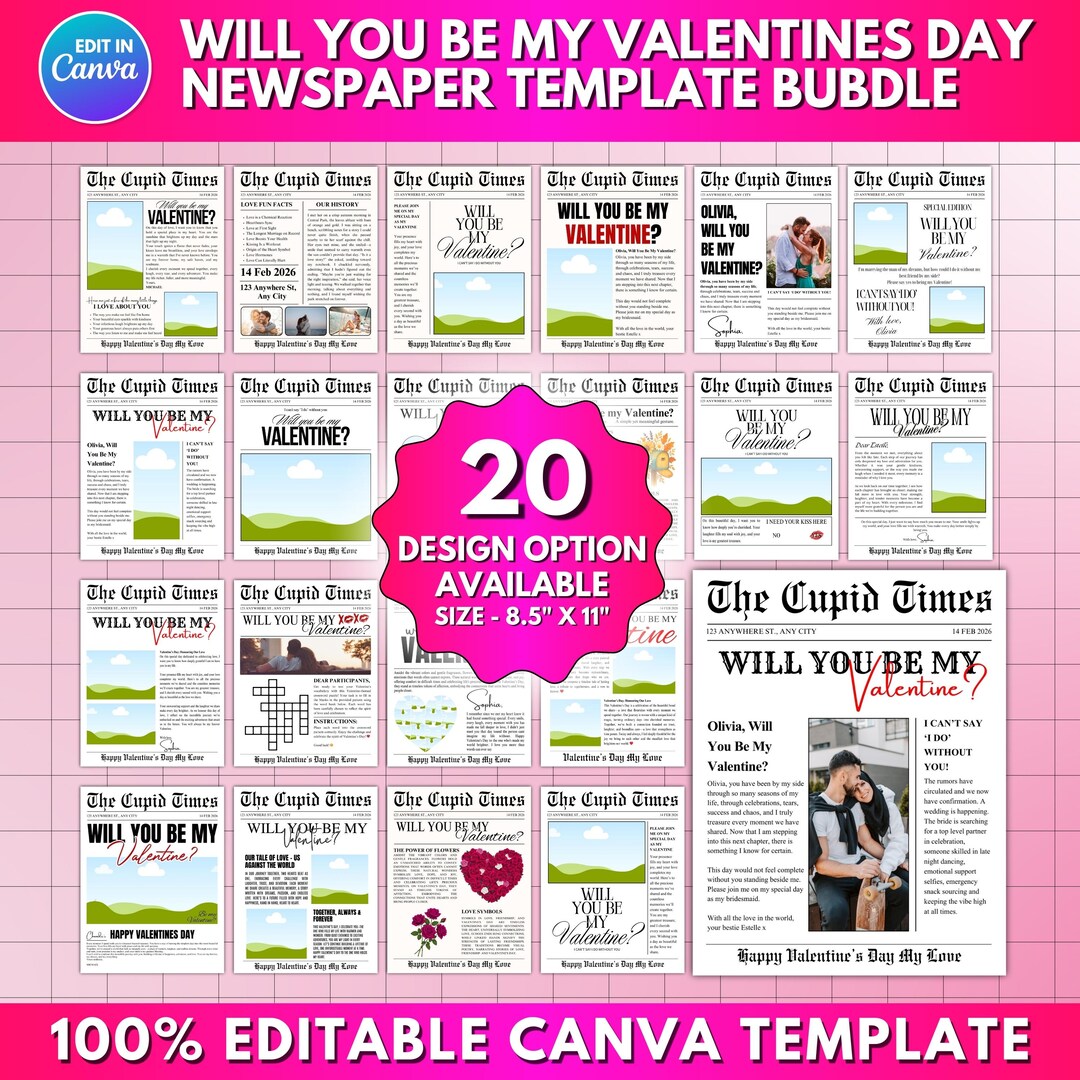 20x Will You Be My Valentines Day Newspaper Template | Custom Cupid ...