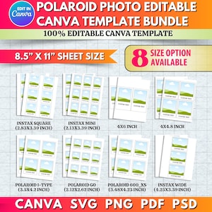 Może przedstawiać: Pakiet szablonów cyfrowych do zdjęć Polaroid, edytowalny w Canva. Zawiera różne rozmiary, takie jak Instax Square (7,19x8,61 cm), Instax Mini, 4x6 cali i więcej. Z tekstem "100% Editable Canva Template".
