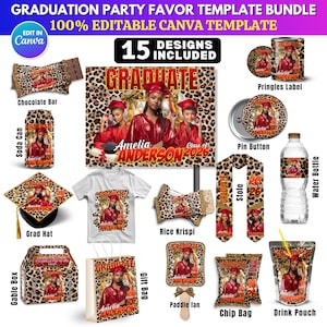 Può includere: Un pacchetto di modelli per bomboniere di laurea con 15 design, tra cui una barretta di cioccolato, una lattina di soda, un cappello di laurea, una maglietta, riso soffiato, una stola, un sacchetto regalo, un ventaglio, un sacchetto di patatine e una bevanda.