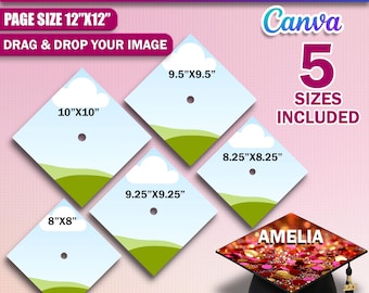 May include: A graduation cap topper template with the text "GRADUATION CAP TOPPER EDITABLE CANVA TEMPLATE". The image shows five different sizes: 8"x8", 9.25"x9.25", 10"x10", 8.25"x8.25", and 9.5"x9.5". The Canva logo is visible.