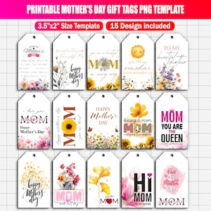 Puede incluir: Un conjunto de 15 etiquetas de regalo imprimibles para el Día de la Madre. Cada etiqueta presenta diseños florales, mensajes sinceros y las palabras "MOM" o "Mother's Day". Las etiquetas miden 8,89 cm x 5,08 cm e incluyen varios diseños.