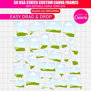 May include: A graphic featuring 50 USA states custom Canva frames. Each state is outlined with a green landscape and blue sky, ready for customization. Text includes "50 USA States Custom Canva Frames", "100% Editable Canva Template", and "Easy Drag & Drop".
