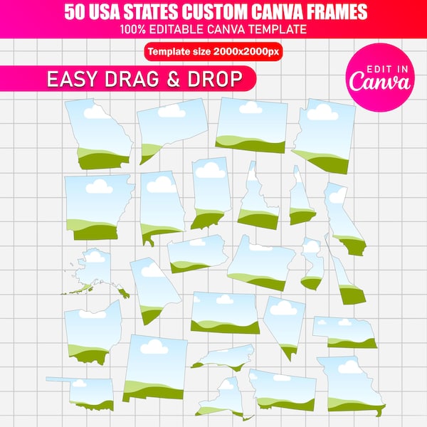 50 USA States Canva Frames | Editable American State Shapes | Individual State Canva Template | Custom US Map Frames for Canva Design