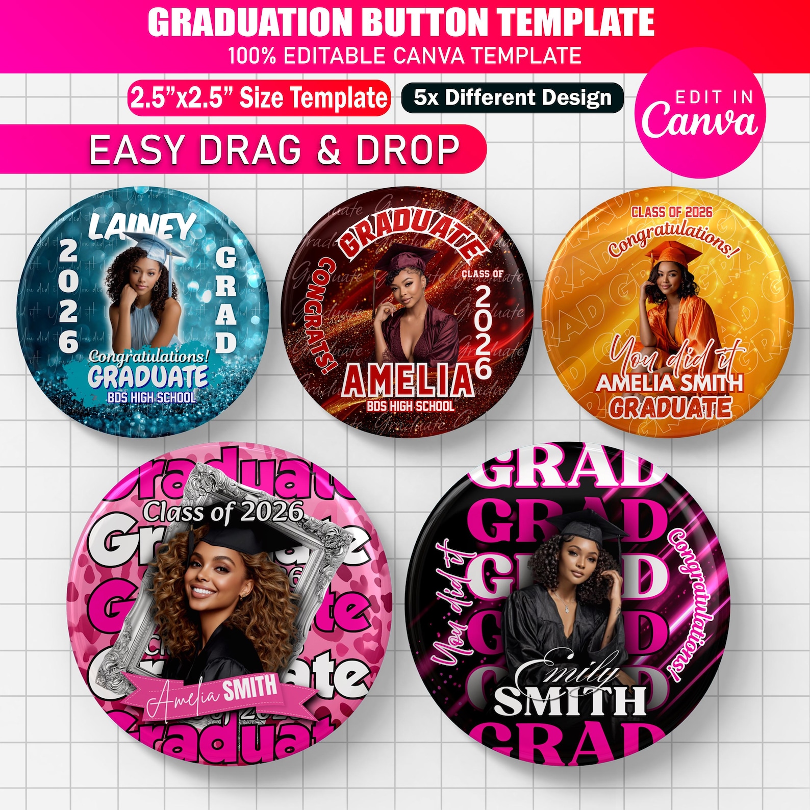 5x Graduation Button Template | Editable Senior Design | Class of 2026 ...