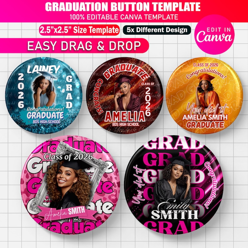 5x Graduation Button Template | Editable Senior Design | Class of 2026 ...