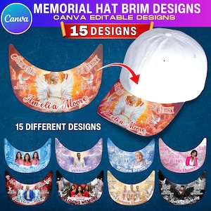 Puede incluir: Una gorra de béisbol blanca con un diseño conmemorativo en la visera. La visera muestra una foto, un nombre y fechas, con alas de ángel y las palabras "In Loving Memory". La imagen muestra 15 diseños diferentes.
