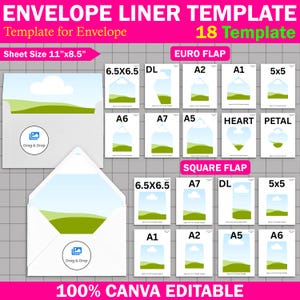 May include: A template for envelope liners, featuring 18 designs with Euro and Square flaps. Includes various sizes, such as 6.5x6.5 and 5x5, and is 100% Canva editable. The sheet size is 11" x 8.5".