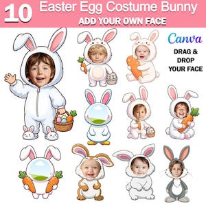 Könnte beinhalten: Zehn Osterei-Kostüm-Hasen-Designs mit Platz für ein Gesicht. Die Designs umfassen einen weißen Hasenanzug, einen Hasen mit einer Karotte und einen Hasen, der einen Korb mit Eiern hält. Der Text "ADD YOUR OWN FACE" ist enthalten.