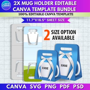 Peut inclure: Un ensemble de modèles numériques pour porte-tasses. L'image montre une variété de modèles de porte-tasses, dont un modèle gris et vert, et des modèles de boîtes cadeaux bleues avec des rubans blancs. Le texte comprend "2X MUG HOLDER EDITABLE CANVA TEMPLATE BUNDLE".
