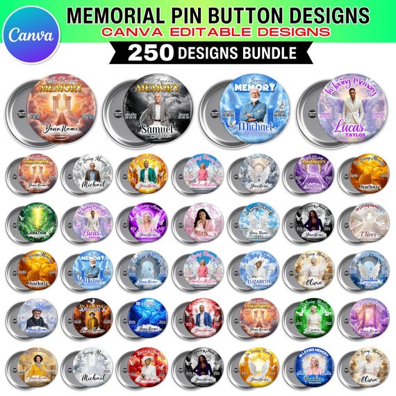 250x In Loving Memory Pin Button Templates | Mega Memorial Canva Bundle | Editable Funeral Button Favors | RIP Photo Badge PNG Designs