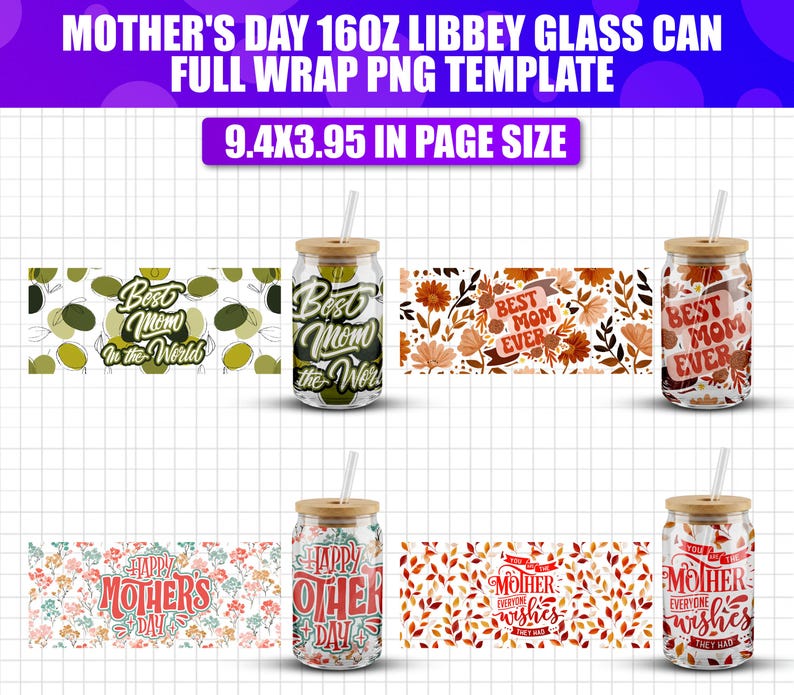 Blessed Mama 16oz Libbey Glass Can Wrap | Mother's Day Floral ...