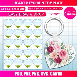 2&quot; Heart Keychain Template, Blank Keychain Template Svg, Keychain Sublimation & Cricut Design, Custom Heart Keychain Canva Editable Template