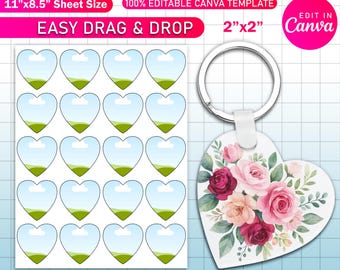 2" Heart Keychain Template, Blank Keychain Template Svg, Keychain Sublimation & Cricut Design, Custom Heart Keychain Canva Editable Template