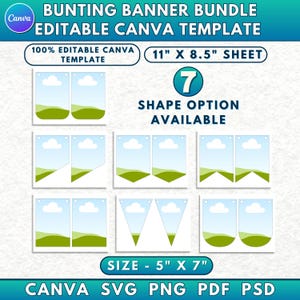 May include: A digital template bundle for bunting banners. The design includes seven shape options, with dimensions of 5" x 7" and an 11" x 8.5" sheet size. The template is editable in Canva and available in SVG, PNG, PDF, and PSD formats.