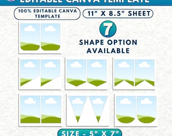 7x Bunting Banner Bundle Editable Canva Template | Flag Banners Canva Frames | Drag & Drop Printable Birthday Garland And Wedding Banner