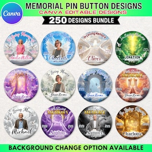 May include: A collection of memorial pin button designs with the text "In Loving Memory" and names. The designs feature images of people, angels, and heavenly scenes. The text "250 Designs Bundle" is also present.
