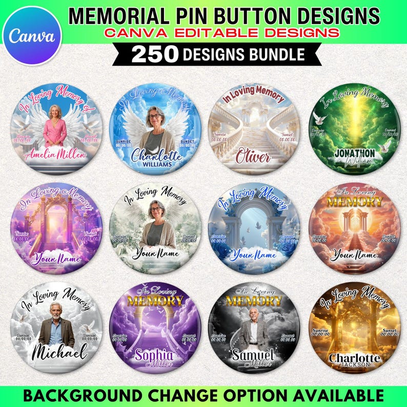May include: A collection of memorial pin button designs with the text "In Loving Memory" and names. The designs feature images of people, angels, and heavenly scenes. The text "250 Designs Bundle" is also present.