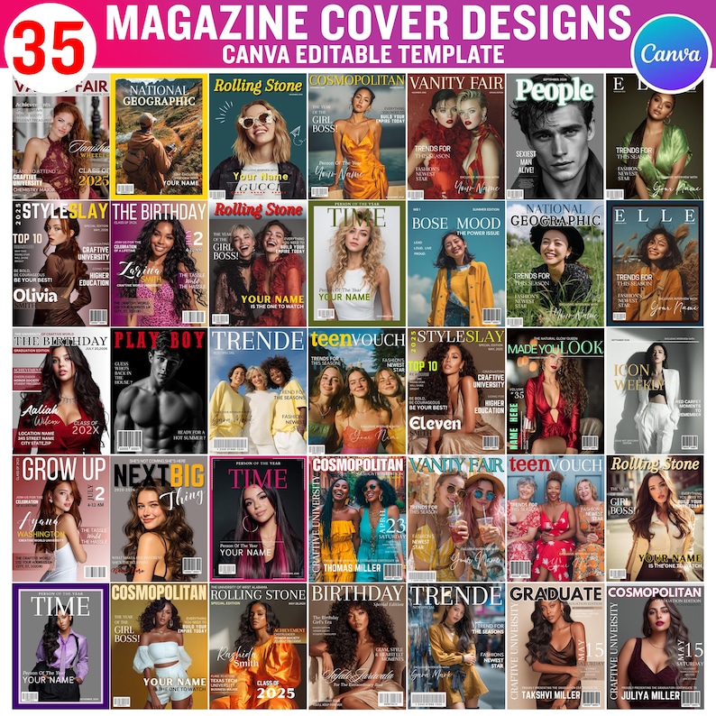 Puede incluir: Una colecci&oacute;n de 35 dise&ntilde;os de portadas de revistas con varios temas y estilos. Las portadas presentan modelos diversos y texto, incluyendo t&iacute;tulos de revistas como "Rolling Stone" y "Cosmopolitan". El dise&ntilde;o es una plantilla editable de Canva.